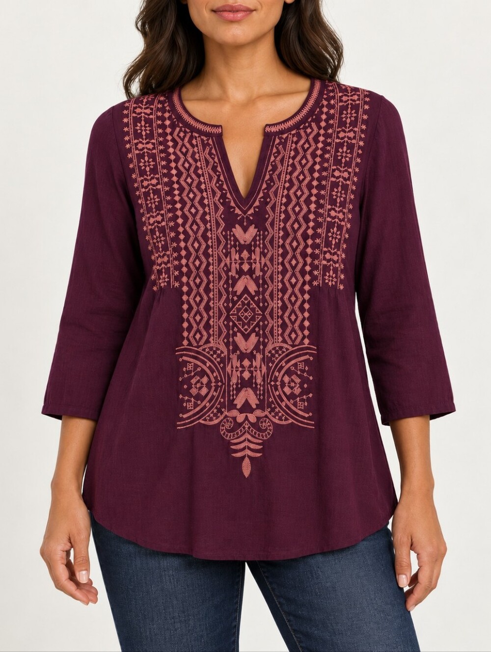 Pure Jill J.Jill Burgundy Embroidered Peasant Tunic Top Boho Folk 3/4 Sleeve SP